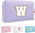 Small Travel Initial Preppy Makeup Bag, Chenille Letter Cute Purple Cosmetic Organizer Toiletry Zipper Pouch, Waterproof Make Up Case Storage Personalized Wedding Gift for Brides Bridesmaids(Letter W)