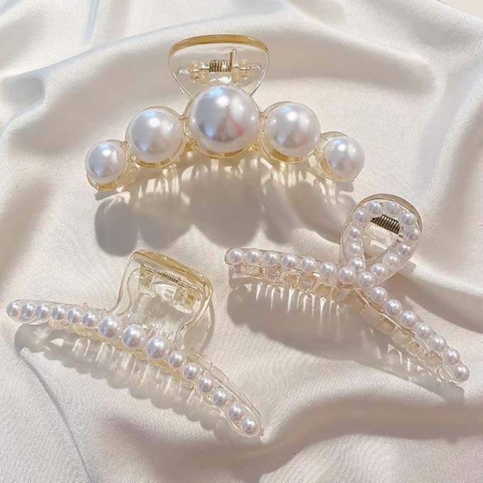 Mehayi 4 PCS Large Pearl Hair Claw Clips for Women Girls, Hair Barrette Clamps for Thick Thin Hair, Fashion Hair Accessories Headwear Styling Tools for Party Wedding