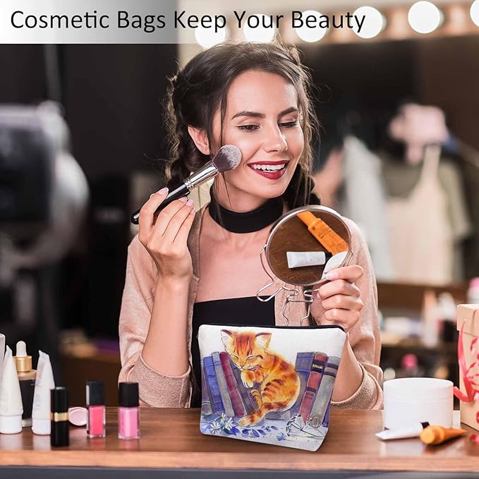 Cat Cosmetic Travel Bag For Toiletries, Funny Cat Kitten Sleep Floral Library Bookshelf Makeup Bag Toiletry Bags For Women, Flax Cosmetic Bags Make Up Bag Purse Toiletries Bag Birthday Gift