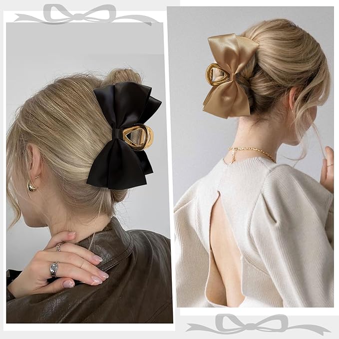 YONOY 3PCS Metal Claw Hair Clips for Women & Girls - Premium Bow-knot Nonslip Claw Clips for Thick & Thin Hair, Big Bows (Black, White, Khaki)