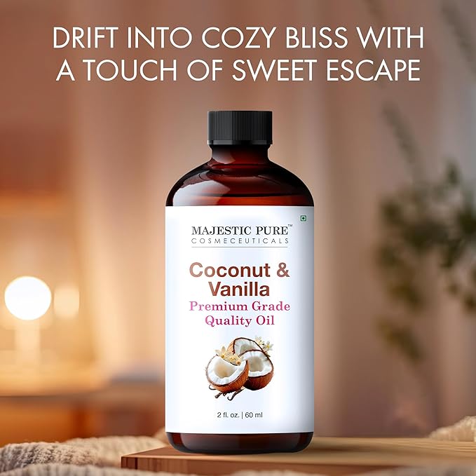 Majestic Pure Coconut Vanilla Essential Oil with Glass Dropper - 2 Fl Oz - 100% Pure and Natural Coconut Vanilla Oil - Premium Grade Essential Oils for Diffuser, Aromatherapy, Soap and Candle Making
