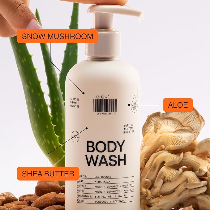 DedCool Body Wash Xtra Milk | Hydrating Vegan Cleanser with Shea Butter, Aloe & Snow Mushroom | Non-Toxic, Carbon-Neutral Formula | Bergamot, White Musk & Amber Scent | 2 fl oz