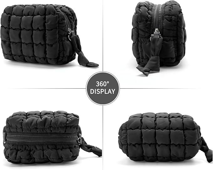 Puffy Quilted Makeup Bag Small Puffer Bag Cosmetic Bags Travel Toiletry Purse for Women, Cute Organizer Pouch, Black