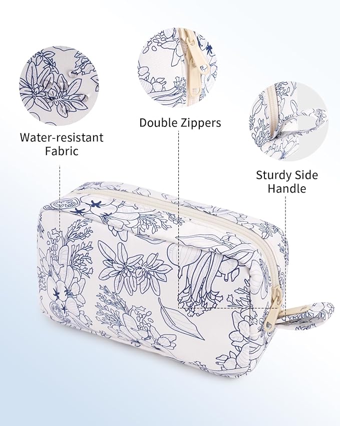 Narwey Small Makeup Bag for Purse Travel Makeup Pouch Mini Cosmetic Bag Zipper Pouch for Women (Little Navy Blue Flower, Small)