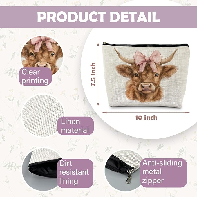 Highland Cow Makeup Bag - Pink Bow Cow Gifts for Women, Western & Cowgirl Gifts