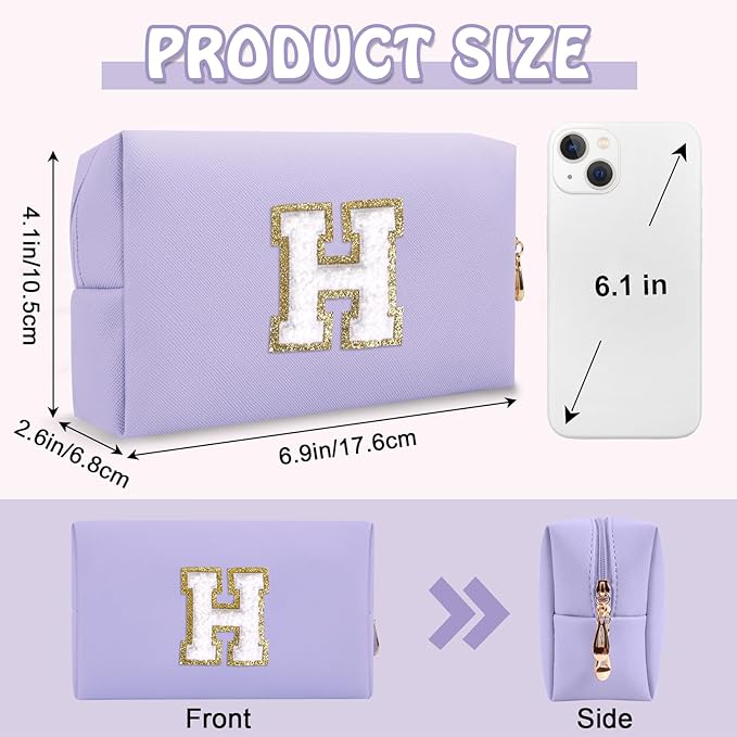 Personalized Chenille Letter Preppy Makeup Bag, Small Initial Purple Cosmetic Bag Travel Toiletry Zipper Pouch Monogram Makeup Storage, Waterproof PU Make Up Case Travel Essentials for Women(Letter H)