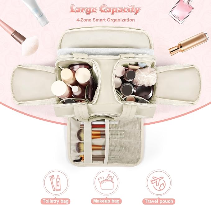 Travel Toiletry Bag:  Large Capacity, 4 Compartments, Wet/Dry Separation, Ultra-Soft Lightweight Fabric & Anti-Spill Design for Travel,Gym,Gift(11.8" L) (Off-White)