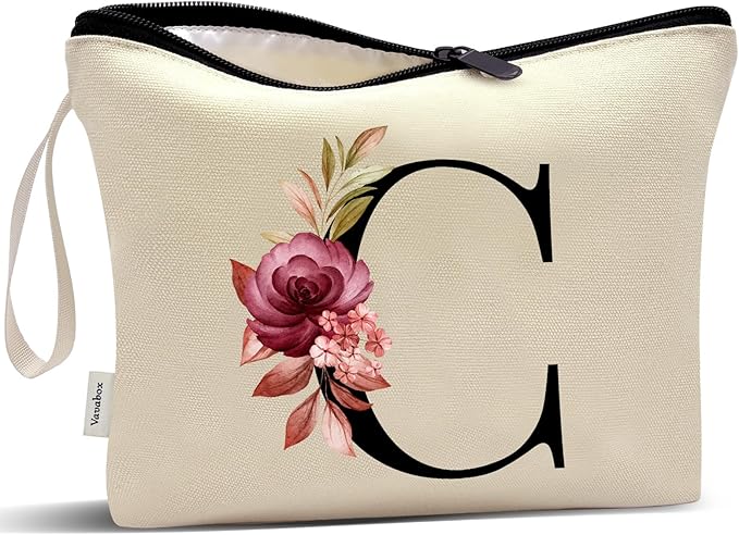 Vavabox A-Z Personalized Makeup Bag, Birthday Gifts for Women Mom, Gifts for Best Friend, Bride Bridesmaid Cosmetic bag (C, Yellow)