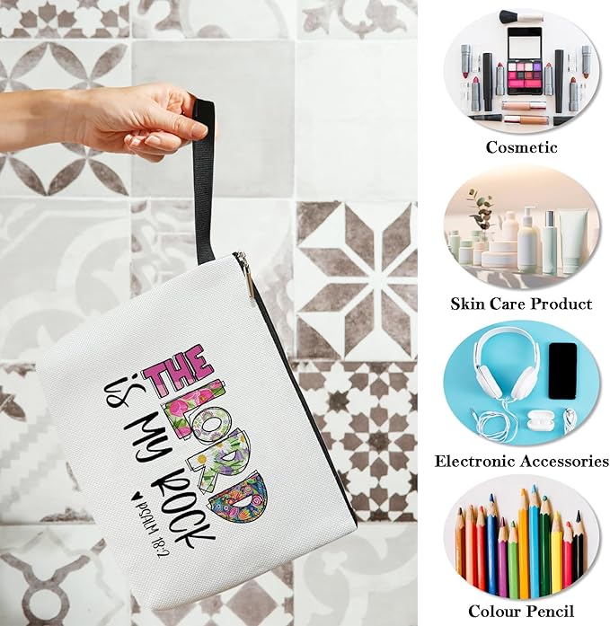Christian Cosmetic Bag for Women Accessories Organizer, Religious Gifts Bible Verses Gifts for Women Coworker, Travel Essentials Purse Toiletry Pouch Cosmetic Bag with Zipper (THE LORD IS MY ROCK)
