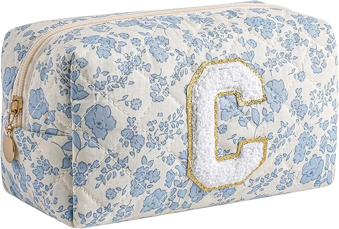 Gleyemor Personalized Initial Makeup Bag for Women, Cute Quilted Blue Floral Cotton Cosmetic Bag, Christmas Gifts for Her Mom Friend Sister Bridesmaid Teacher Women C