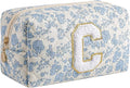 Gleyemor Personalized Initial Makeup Bag for Women, Cute Quilted Blue Floral Cotton Cosmetic Bag, Christmas Gifts for Her Mom Friend Sister Bridesmaid Teacher Women C