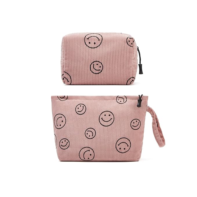 Makeup bag set small Cosmetic bag for women purse Corduroy Organizer with interior Pockets,cute Pencil zipper Pouch travel Toiletry Bag with handle(Smile face Pink)