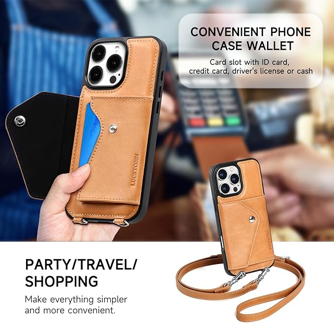 LUCKYCOIN Crossbody Wallet Phone Case for iPhone 16 Pro Max,100% Genuine Leather Wallet Phone Case with Expandable Flip Card Holder,Phone Purse for Women with Adjustable Removable Strap - Brown