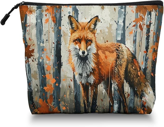 Cosmetic Bags Travel Makeup Toilet Case Waterproof Pouch for Women Girls 6.7X9.45inches - Red Fox Gazing Intently in An Autumn Wilderness