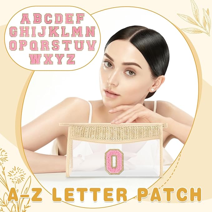 Small Boho Straw Initial Letter Makeup Bag Personalized Gift ,Cute Clear Chenille Patch Makeup Bag With Zipper,Trendy TSA Approved Travel Toiletry Bag,Gift for Women Girls Birthday Friend, Letter O