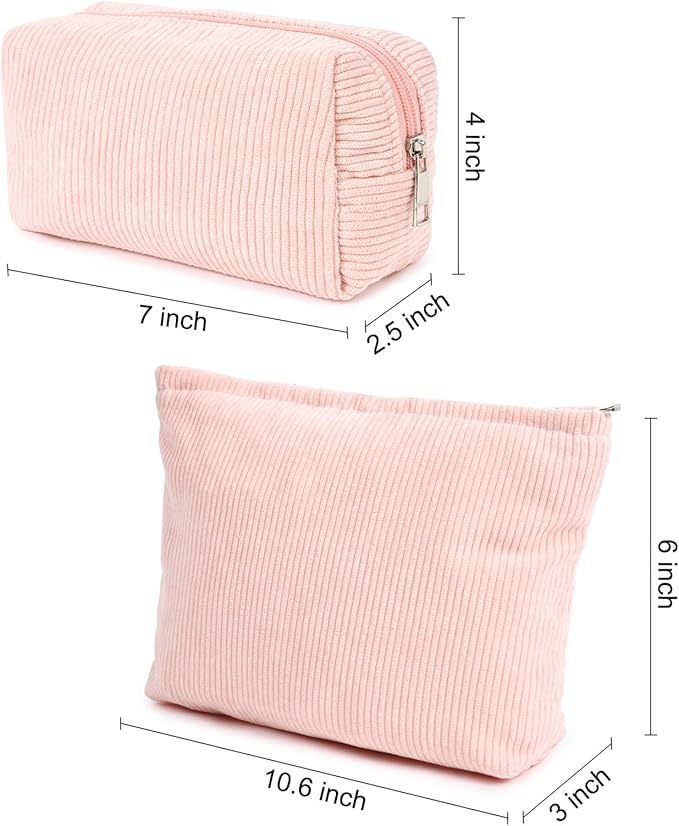 SOIDRAM 2 Pieces Makeup Bag Large Corduroy Cosmetic Bag Capacity Canvas Mix Travel Toiletry Bag Organizer Cute Makeup Brushes Aesthetic Accessories Storage Bag for Women, Corduroy Mix Pink
