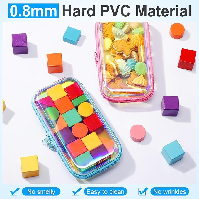 Sanwuta 6 Pcs Clear Hard Zipper Case Hard Plastic Zipper Pouches Makeup Bag Pencil Pouches Transparent Cases for Snacks Plastic Storage Organizer Box for Travel(Holographic,7.48 x 3.94 x 2 Inch)