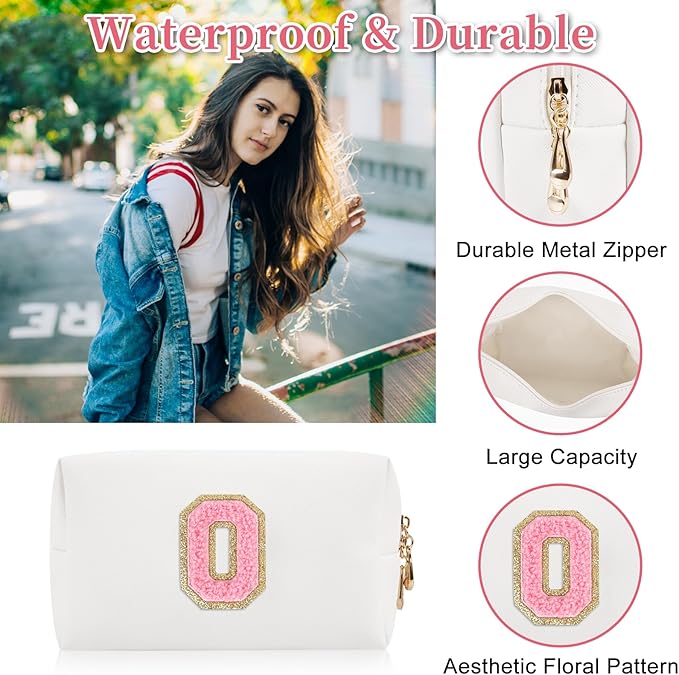 Personalized Initial Letter Patch Makeup Bag, Preppy Portable Chenille Letter Cosmetic Bag with Zipper, PU Leather Waterproof Travel Toiletry Bag Monogram Make Up Pouch for Women Girls(Letter O)