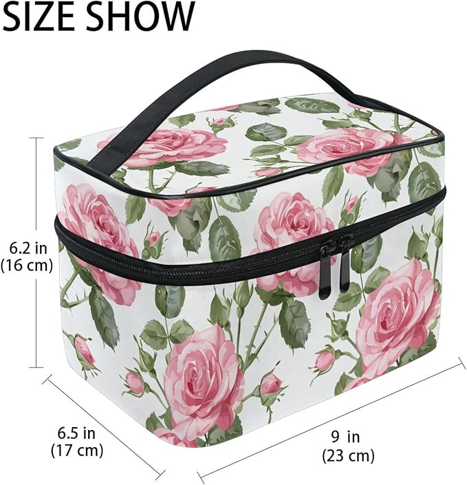 Makeup Train Case Leaves Flower Rose Pattern Carrying Portable Zip Travel Cosmetic Brush Bag Organizer Large for Women