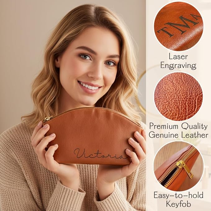 Personalized Makeup Bag • Genuine Leather Custom Cosmetic Bag • Mini Bag for Purse • Leather Make Up Pouch • Custom Toiletry Bag • Customized Bag with Name or Initials • Makeup Accessories for Women