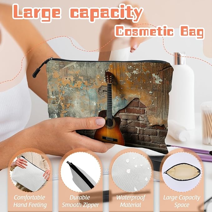 Cosmetic Bags Travel Makeup Toilet Case Waterproof Pouch for Women Girls 6.7X9.45inches - Guitar'S Solitary Pose Against A Rustic Wall