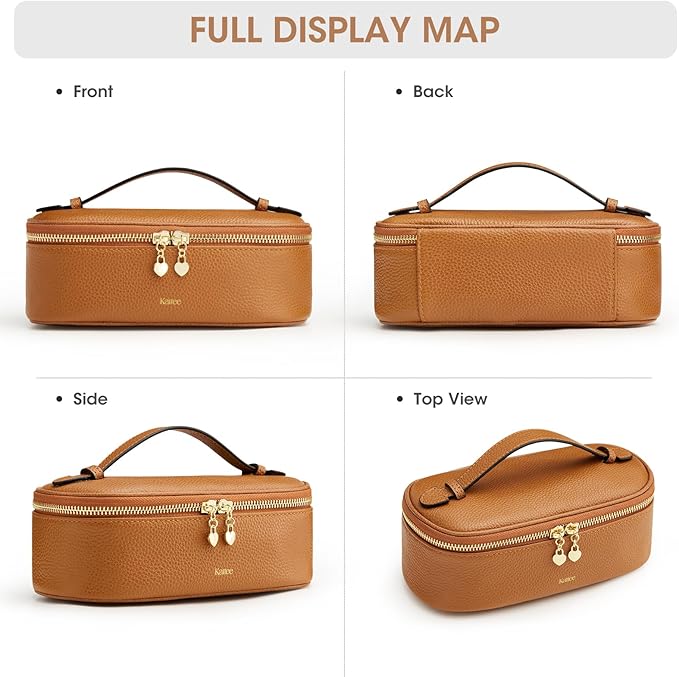 Kattee Makeup Bag for Women, Leather Cosmetic Bag, Working Makeup Bags for Ladies with Handles, Portable Travel Toiletry Bag, Brown