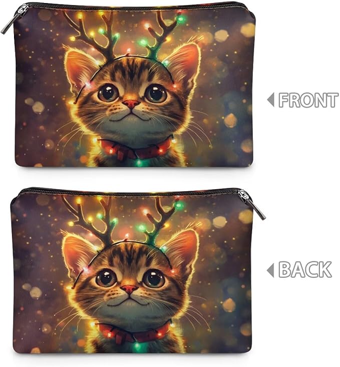 COEQINE Christmas Purse Pouches for Organizing Cute Cat Lights Deer Designer Large Cosmetic Bag for Womens Leather Zipper Pouch for Party Travel Holiday Handbag