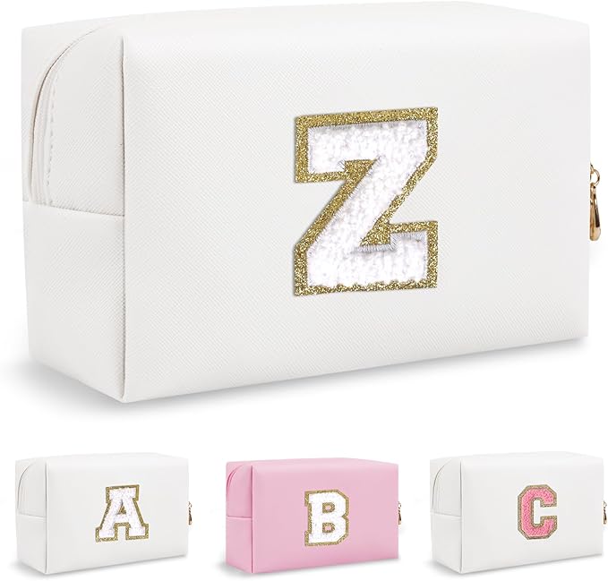 Small Initial Preppy Makeup Bag, Personalized Cute White Cosmetic Organizer Chenille Letter Travel Toiletry Zipper Pouch, Waterproof PU Leather Make Up Case Preppy Stuff for Women Teacher(Letter Z)