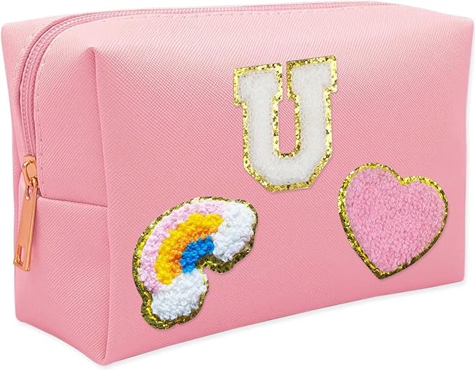 Personalized Inital Preppy Makeup Bag Set with Zipper, Monogram Waterproof Travel Cosmetic Bag for Women, Cute Preppy Patch Toiletry Bag for Traveling Outdoors, Gift Ideal for Christmas Thanksgiving