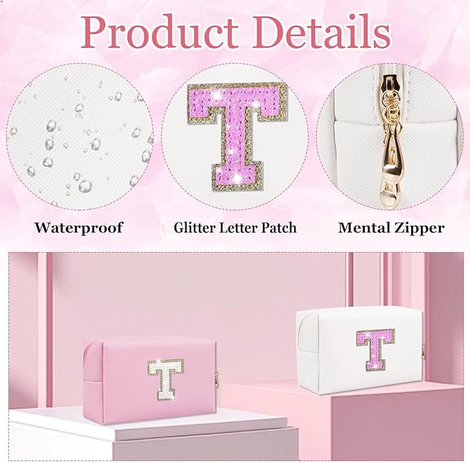 Glitter Initial Letter Makeup Bag, Small Personalized Sequins Letters PU Leather Cosmetic Bag Portable Waterproof Makeup Zipper Pouch, Shine Handbag Organizer Travel Bag Gifts for Women&Girls(White-T)
