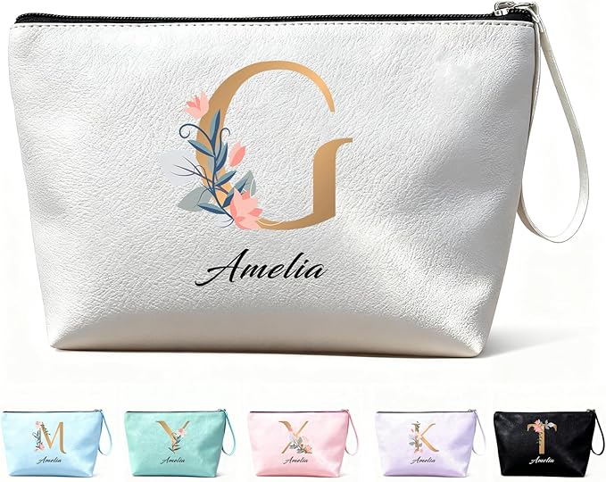 Personalized Makeup Bag Initial&Birth Flower Custom Small Travel Cosmetic Bag with Name Cute Makeup Bag for Women Girls