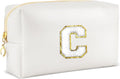 Gifts for Girls Initial Makeup Bag Personalized Cosmetic Bag with Zipper Cute Travel Toiletry Bags Waterproof PU Preppy Makeup Pouch Birthday Gift for Teen Girls Women(White C)