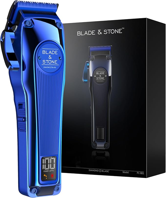 Blade & Stone™ Professional Barber Hair Clippers for Men PC801 Clipper | Diamond-S™ Blade | Micro-Gap Tech | Professional 7200 RPM Digital Motor, All-Metal, Cordless Clippers - Big Blue