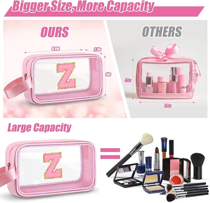 Initial Makeup Bag,Letter Z Cute Clear Monogrammed Cosmetic Travel Bag for Womens Girls,Personalized Pink Aesthetic Traveling Make Up Organizer Bag for Beach,Waterproof Toiletry Bag
