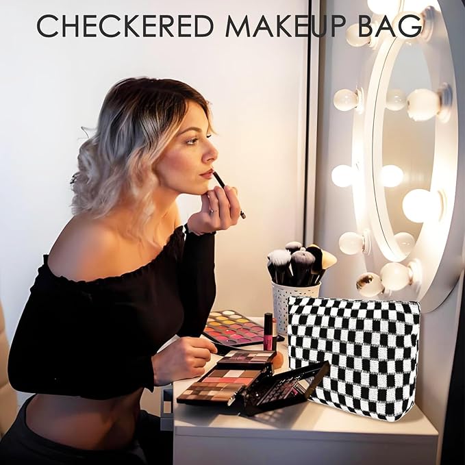 Travel Makeup Bag, Checkered Cosmetic Bag Make Up Organizer Case for Women, Small Toiletry Bag Skincare Pouch for Toiletries Accessories Brushes, 2PCS