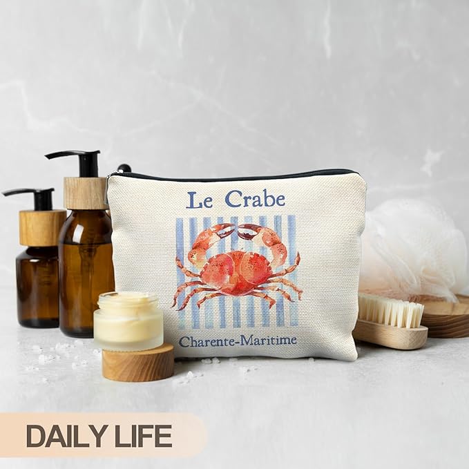 Vintage Crab Beach Makeup Bag, Crab Lovers Gifts Cosmetic Bags for Women, Gifts for Beach Ocean Lovers, Retro Blue Stripes Seafood Aesthetic Zipper Makeup Pouch