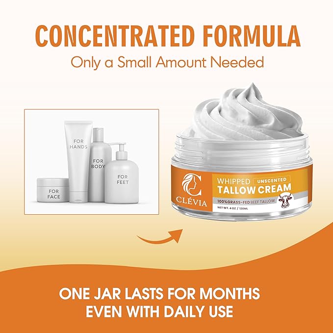 Beef Tallow Moisturizer with Organic Jojoba Oil 4 oz - Ancestral Anti-Wrinkle Skincare - Grass Fed Tallow Cream for Face & Body - Whipped Tallow Balm for Dry & Sensitive Skin Repair | Unscented