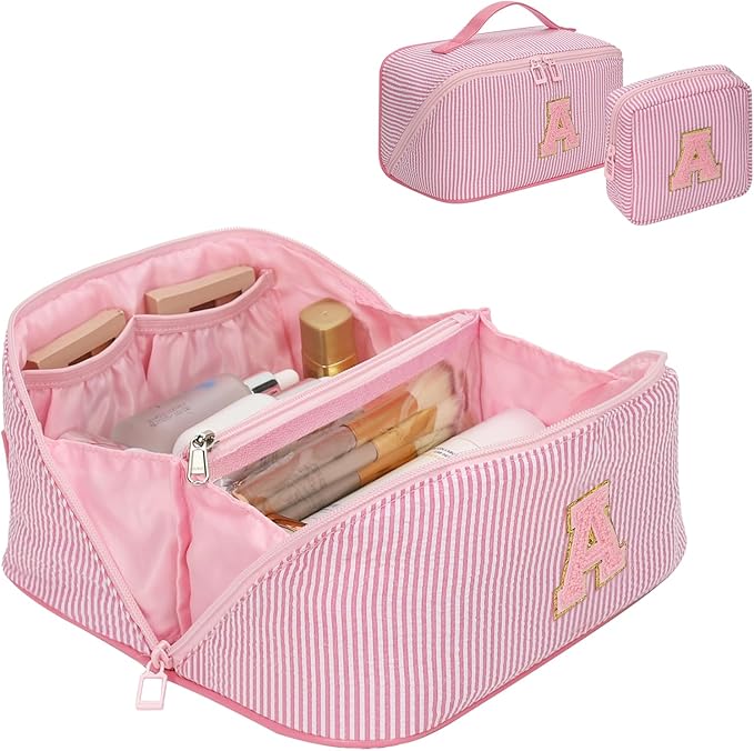 Travel Makeup Bag for Women, 2Pcs Portable Personalized Initial Makeup Organizer Bag, Open Flat Large Cosmetic Bag With Travel Essential Pouch (Pink Letter A)