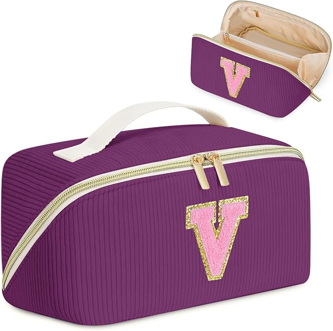 Personalized Initial Makeup Bag,Christmas Gifts for Girl,Preppy Bag Cosmetic Travel Bag Women,Travel Toiletry Organizer,Large Capacity Corduroy Stuff Bag,Cute Cosmetic Pouch Skincare Bag-V