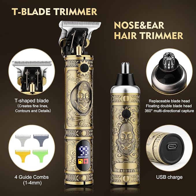 Pro Hair Clippers for Men,Hair Clippers+T-Blade Trimmer+Electric Shaver+Nose Hair Trimmer +6D Electric Head Shaver Set,5 in 1 Cordless Barber Hair Cutting Kit LCD Display Gifts