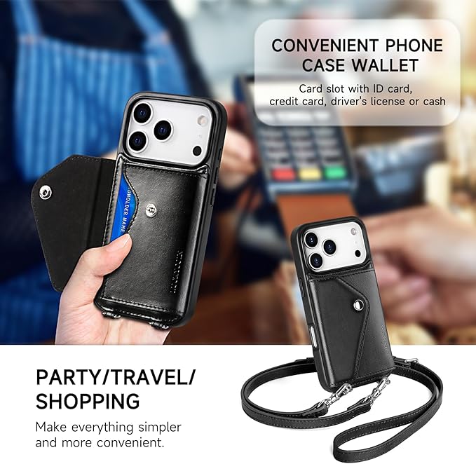LUCKYCOIN Crossbody Wallet Phone Case for iPhone 17 Pro,100% Genuine Leather Wallet Phone Case with Expandable Flip Card Holder,Phone Purse for Women with Adjustable Removable Strap - Black