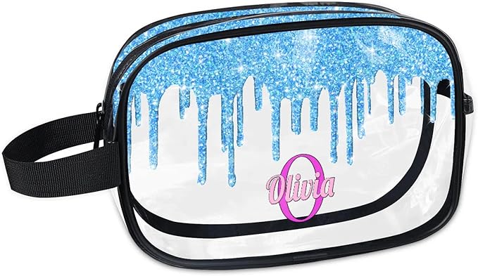 Custom Makeup Toiletry Bag, Personalized Clear Travel PVC Cosmetic Organizer Case Portable Bag with Zipper, Light Sky Blue Fluid Shape Sparkly Glittery