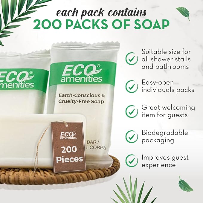 ECO amenities Bar Soap Pack - 200 Count, 1 oz Travel Body Bars - Individually Wrapped Hotel Guest Soaps for Travel Hygiene - Light Green Tea Scent & Cruelty Free