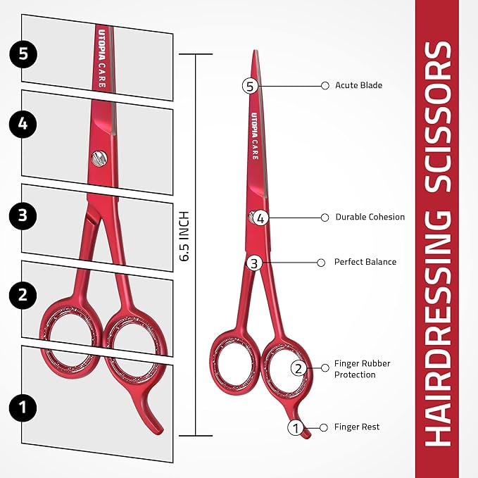 Utopia Care Hair Cutting and Hairdressing Scissors 6.5 Inch, Premium Stainless Steel Shears with Smooth Razor and Sharp Edge Blades for Salons, Men, Women and Kids, Red