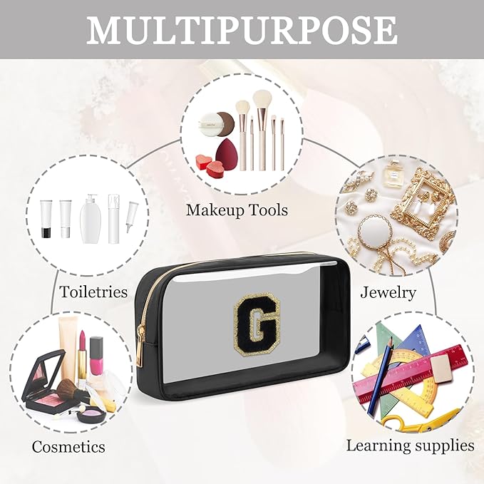 Small Clear Personalized Initial Makeup Bag,Nylon Preppy A-Z Chenille Letter Patch Cosmetic Pouch Beach Toiletry Bag,Waterproof Zipper Travel Purse Storage Bag Organizer for Women Girls(Black-Black G)