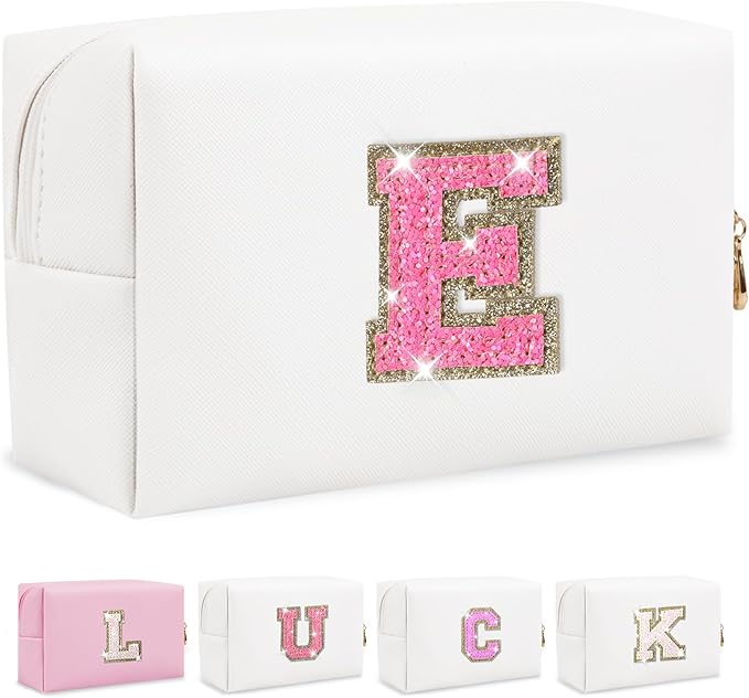 Personalized Initial Letter Makeup Bag, Preppy Glitter Letter Patch Cosmetic Pouch Zipper,PU Waterproof Travel Toiletry Bag Cute Makeup Organizer Monogrammed Make Up Bag,Gift for Women Girls(Letter E)