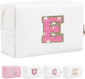 Personalized Initial Letter Makeup Bag, Preppy Glitter Letter Patch Cosmetic Pouch Zipper,PU Waterproof Travel Toiletry Bag Cute Makeup Organizer Monogrammed Make Up Bag,Gift for Women Girls(Letter E)