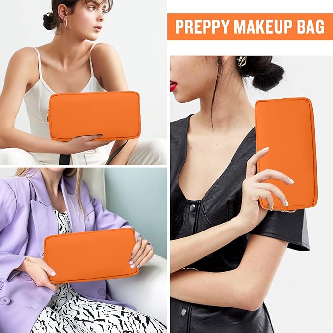 Nylon Small Makeup Bag for Purse, Cute Preppy Makeup Bag Cosmetic Zipper Pouch Purse, Waterproof Portable Travel Toiletry Bag Clutch Makeup Brush Bag Organizer Storage for Women Men Girls(Orange)