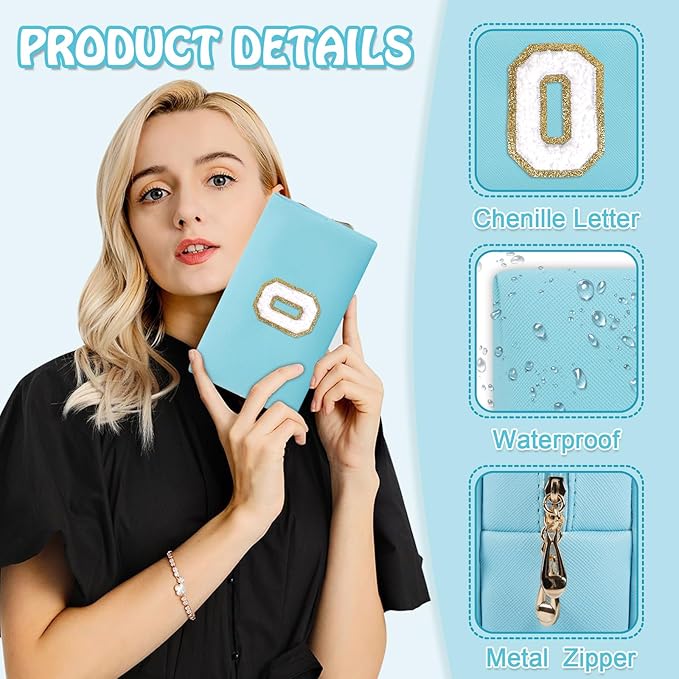 Small Initial Preppy Patch Makeup Bag, Personalized Blue Cute Cosmetic Zipper Pouch Toiletry Bags for Traveling, Waterproof Chenille Letter Make Up Storage Travel Essentials for Women Female(Letter O)