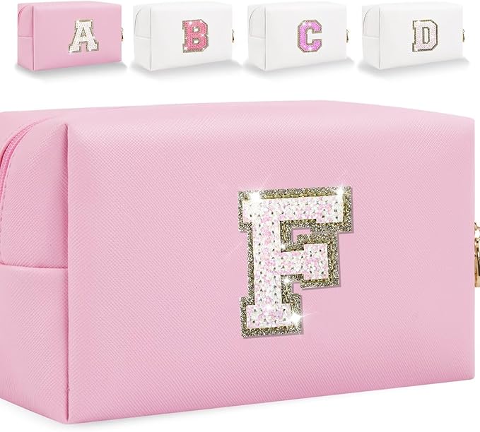 Small Personalized Glitter Initial Letter Makeup Bag, Cute PU Leather Chenille Letters Cosmetic Bag Travel Makeup Pouch, Preppy Travel Organizer Zipper Pouch for Women&Girls（Pink-F）